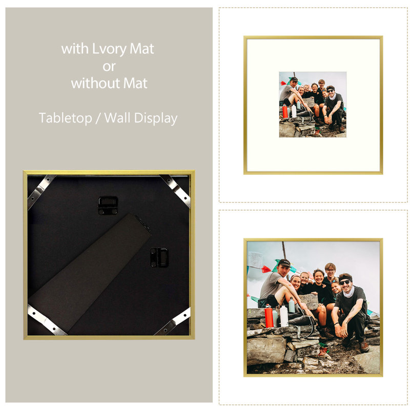 Drennon Metal Picture Frame, Aluminum Photo Frames for Table Top and Wall Mounting, 8" x 8" Matted to 4" x 4", Gold
