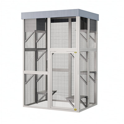 70.5 Inch Tall Wooden Catio Outdoor Enclosure, Gray Cat House with 6 Platforms & 2 Napping Houses, Movable Tarp Cover