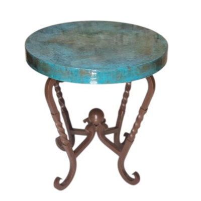 24" Round Artisan Crafted Oxidized Copper Side Table - Wrought Iron Base