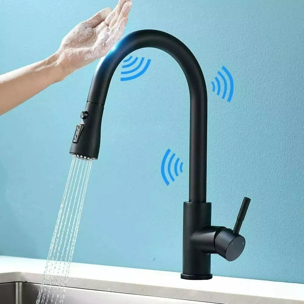 Touchless Kitchen Faucets, Matte Black Kitchen Faucet with Pull Down Sprayer, Single Handle Smart Motion Sensor Kitchen Sink Faucet,Contemporary Hands-Free Sink Faucet for Farmhouse Laundry AlenArtWater