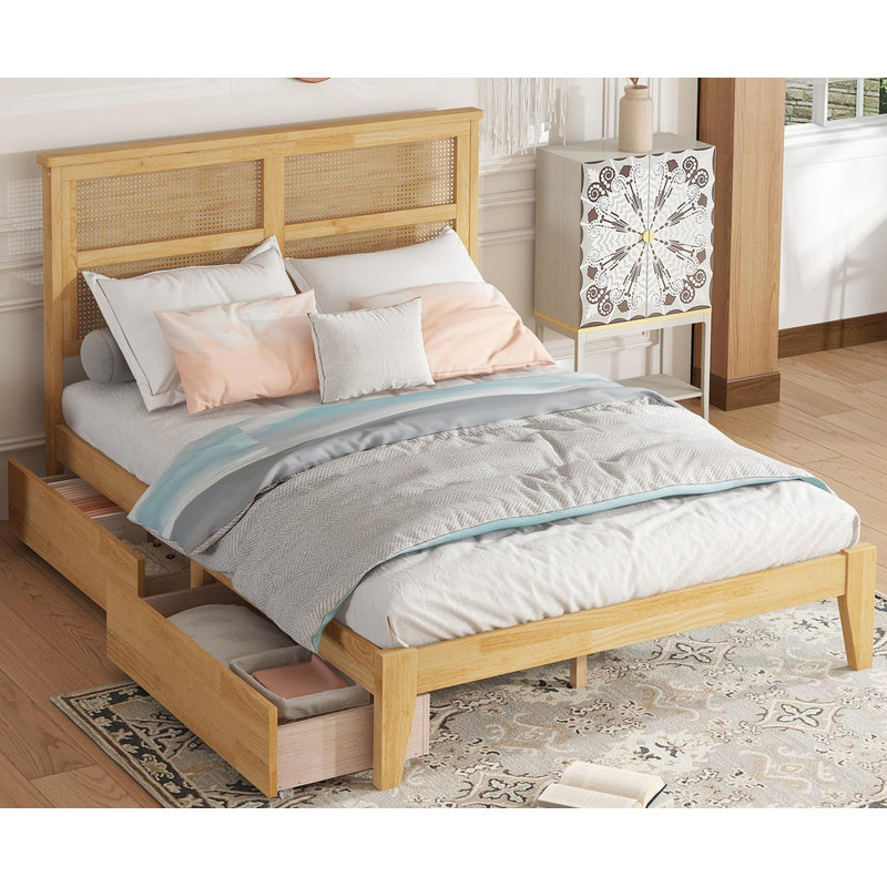 Lit en bois d'hévéa à deux tiroirs de rangement, lit double avec tête de lit en rotin, Lit double