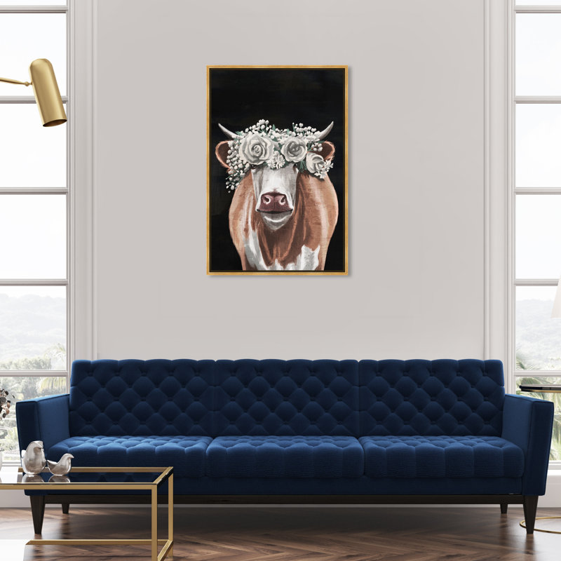 «Animals Gorgeous Floral Cow», impression sur toile, Toile encadrée d'or, H 36 po x l 24 po