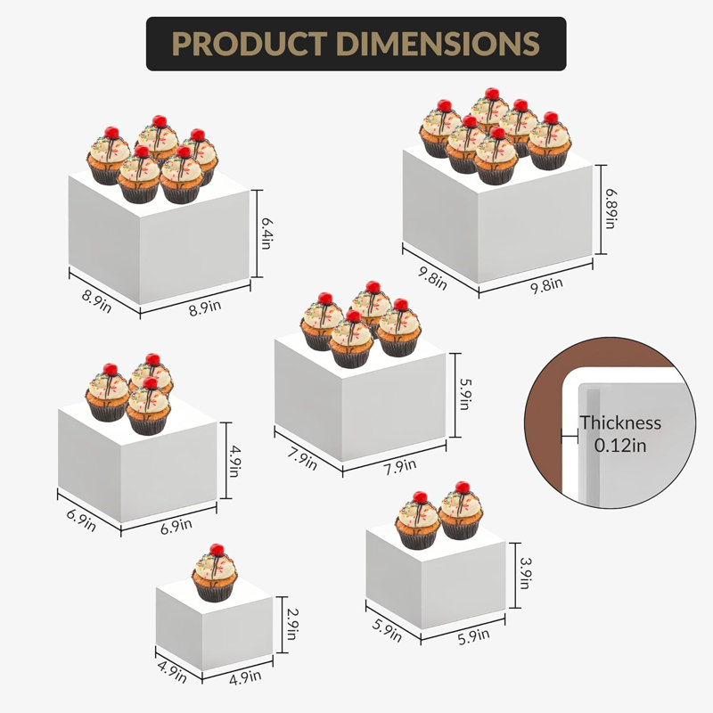Ensemble de risers en acrylique empilables peu encombrants - Support de service alimentaire blanc 6 pièces pour tables à desserts, buffets, boulangeries et vitrines de détail - gigognes, conception multi-tailles, 5 à 10 pouces