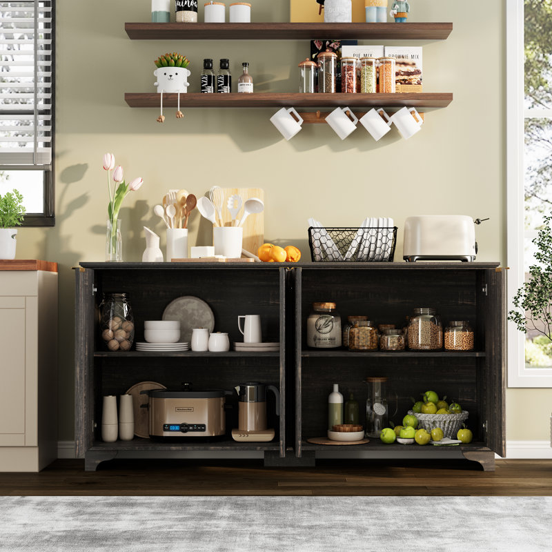 Buffet 61 "avec 4 portes cannelées et rangement, Chêne foncé