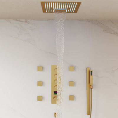 Ceiling Mount 16" LED Thermostatic Shower System with Rainfall & Waterfall, 6 Body Jets and Handheld Spray