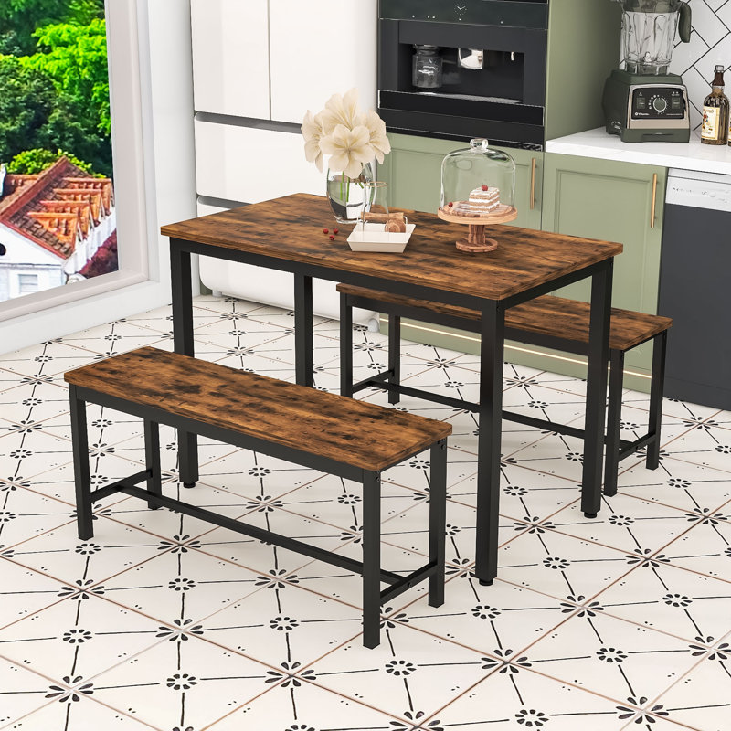 Ensemble de table à manger compacte 3 pièces pour 4 personnes - Bancs escamotables pour petits espaces, Brun rustique