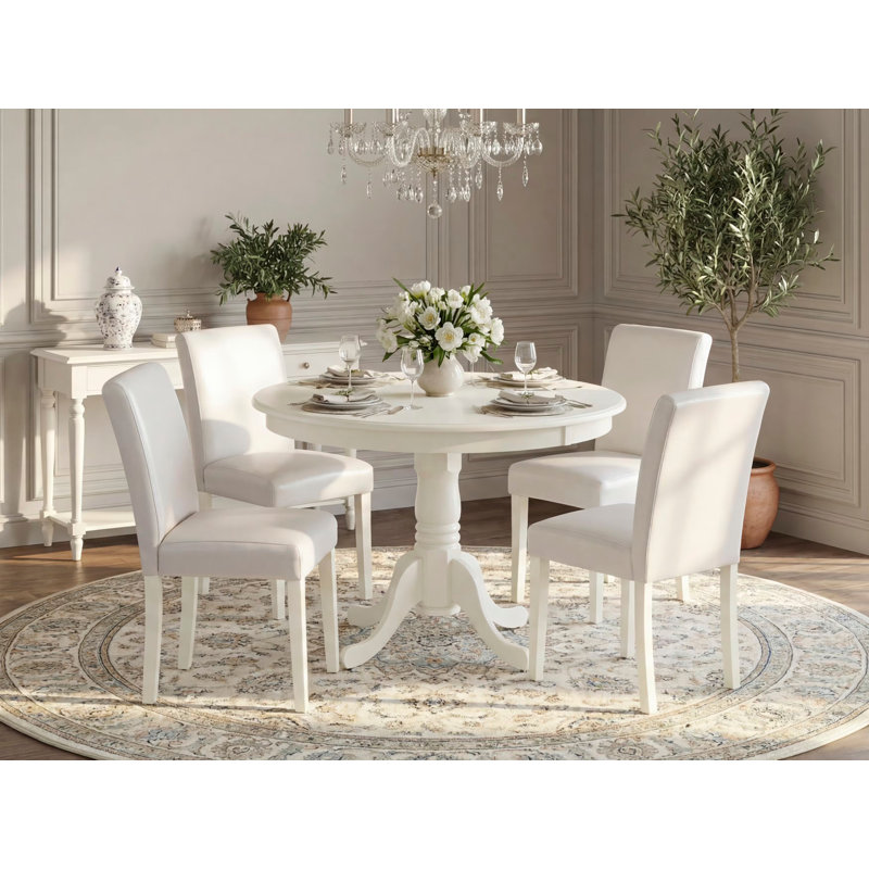 5 Piece Dining Set Includes a Round Dining Room Table with Pedestal and 4 White Faux Leather Upholstered Parson Chairs, 42x42 Inch, Linen White