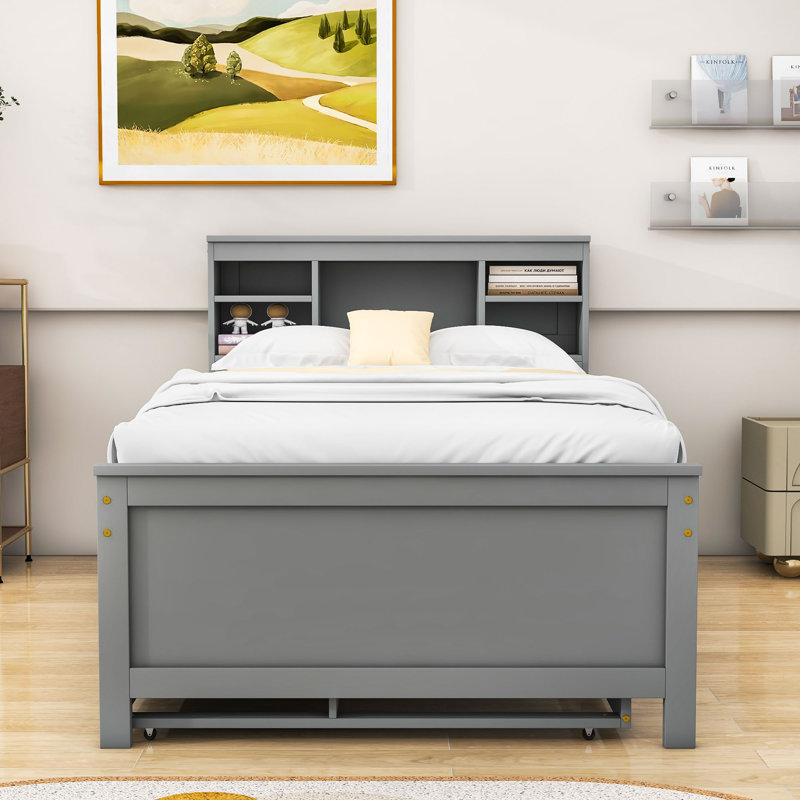 Willavene Platform Bed with Storage Headboard, USB, Twin Size Trundle and 3 Drawers, Gray, Twin