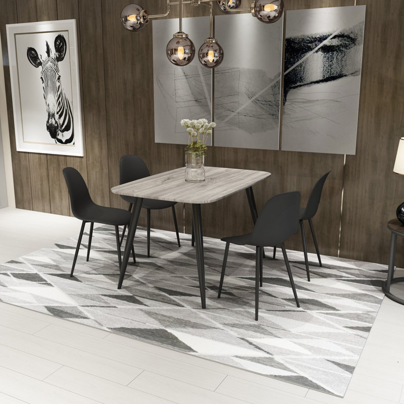 Huetter 5-Piece Casual Dining Set - Spacious Rectangular Table & 4 Curved Plastic Chairs, Black, Grey