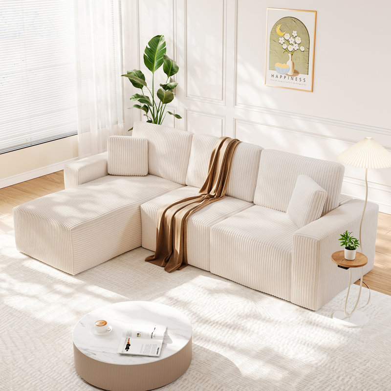 100-inch Corduroy L-shaped Sectional 3-person Modular Cloud Sofa, Beige Corduroy