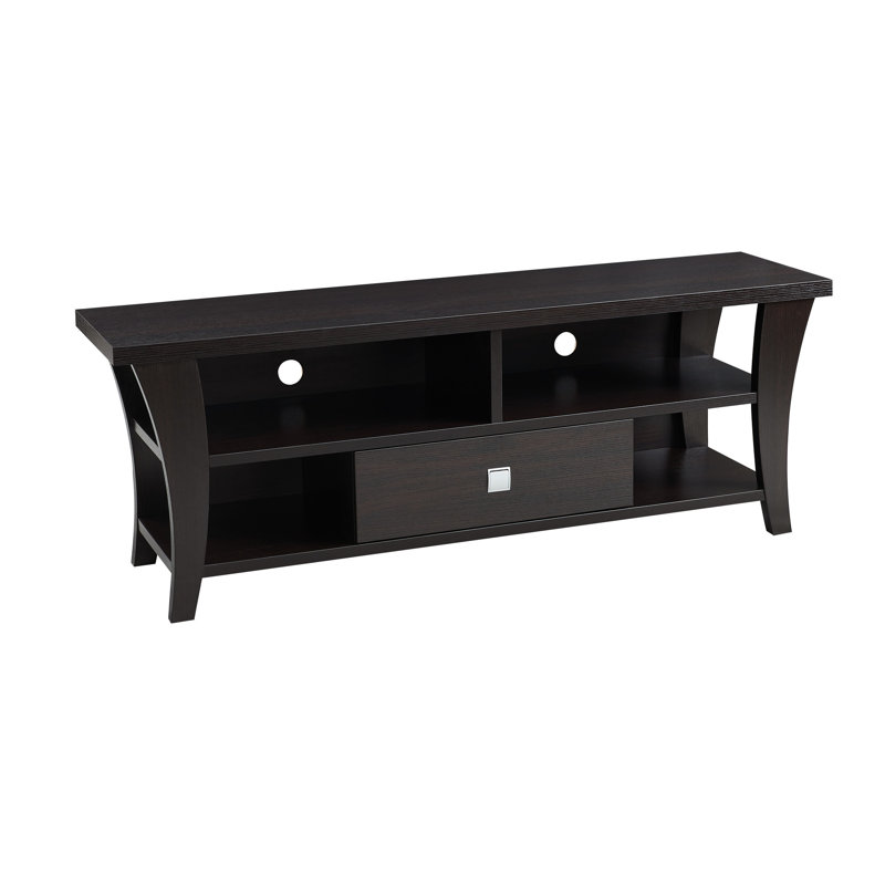 Meuble télé moderne avec pieds incurvés, tablette divisée, poignée carrée en métal, armoire ajustable de 60 à 69 pouces, un tiroir,