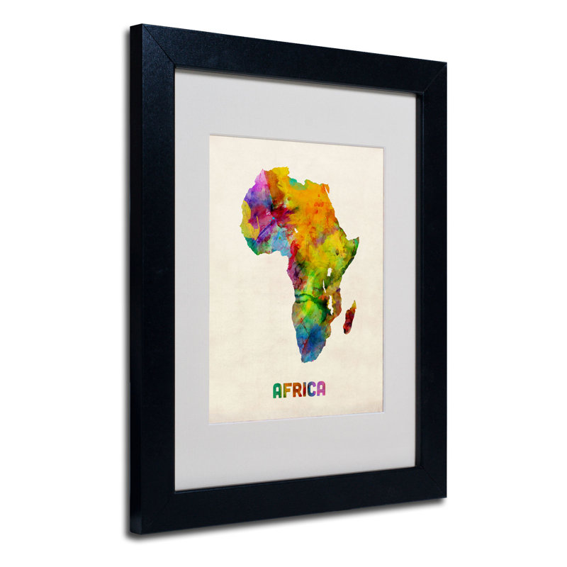 « africa aquarelle map » par michael tompsett, impression encadrée encadrée, H 14 po x l 11 po x P 0,5 po, Noir