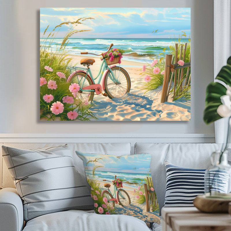 Vélo bleu sur le sentier côtier floral I - impression d'art mural côtier, H 16 po x l 32 po x P 1 po, Métal métal