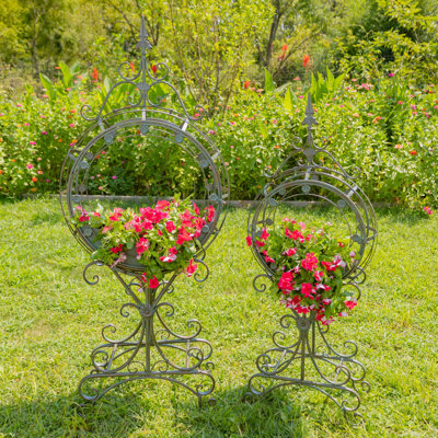 Set of 2 Tall Round Metal Planters with Removable Trays Garden Decor