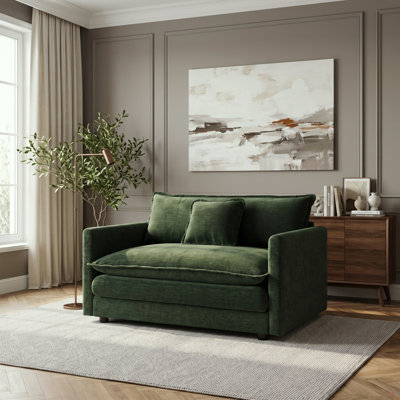 Fauteuil d'appoint surdimensionné à assise profonde avec coussin de dossier moelleux et revêtement richement texturé, vert foncé