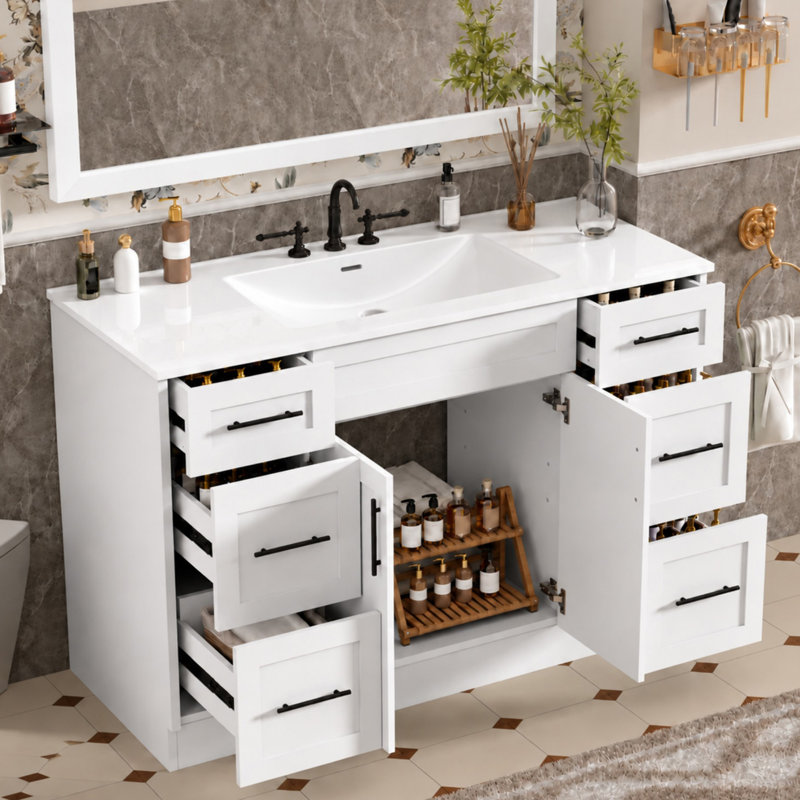 Meuble-lavabo autoportant de 48 po avec lavabo en céramique, Blanc