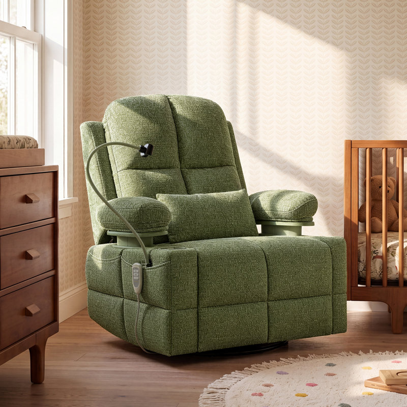 38.9"W Power Swivel Nursery Glider With HugAssist Armrest And Dual Charging Port, Green