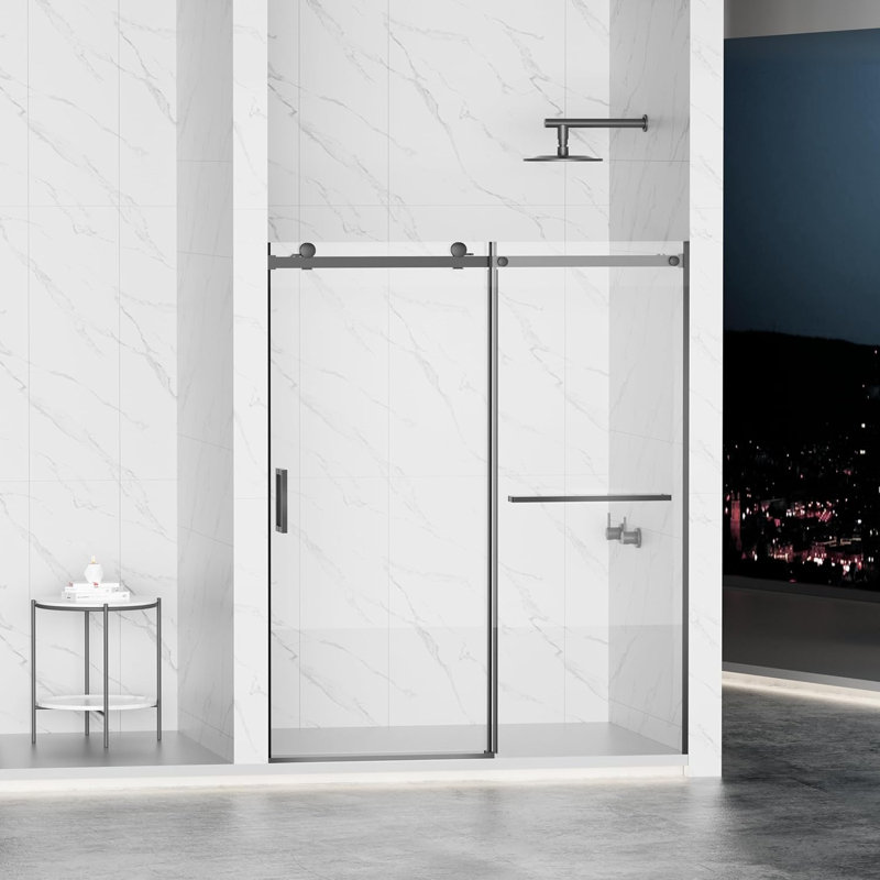 Frameless Double Sliding Shower Door 56"-60"w X 72"h,5/16 Inch Tempered Glass Door For Walk-in Shower,bypasss Bathroom Shower Enclosure,with Towel Bar & Soft-close Buffering,matte Black Finished