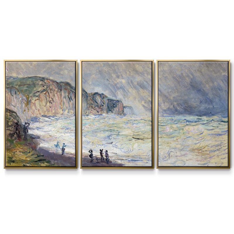 Monet - 3 pièces, reproduction encadrée sur toile, H 36 po x l 75 po x P 2 po, Or