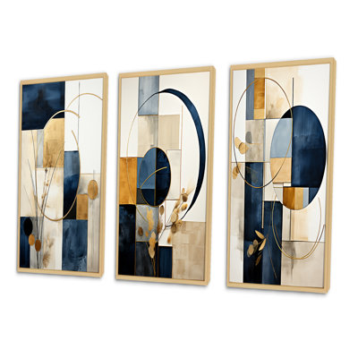 Navy Blue Geometric Wall Art, Modern 3-Piece Set - Organic Simplicity Minimal Geometry Navy Blue III