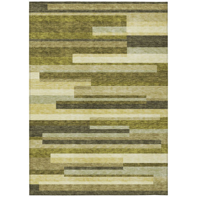 5' X 8' Olive Green Ivory And Beige Striped Washable Indoor Outdoor Area Rug