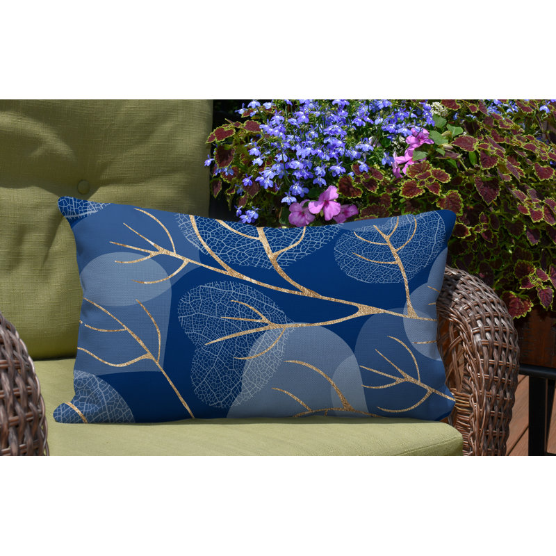 Coussin lombaire intérieur / extérieur Baka Leafs, Bleu marine / or