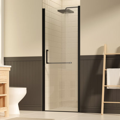 27 - 28" W 72" H Pivot Shower Door, Matte Black, Tempered Glass, Proof Film, Nano Coating, Reversible For Bathroom Space Utilization Aesthetics