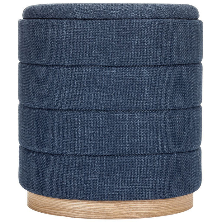 16" Round Upholstered Linen Storage Ottoman, Dark Blue