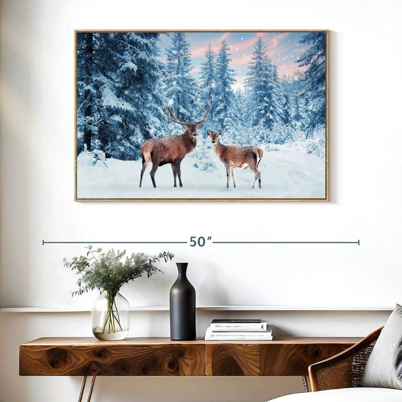 Cerf Winter Wonderland, Cadre flottant en bois naturel, 40 po x 27 po