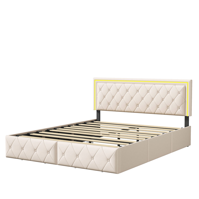 EU Double & King PU Storage Bed With 4 Drawers & LED Headboard, Faux Leather Upholstered Frame,  Beige & Grey, Beige