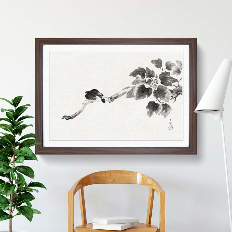 Bird In A Tree by Yokoyama Taikan - Single Picture Frame Painting, Walnut Framed, 24cm H x 33cm W x 2cm D