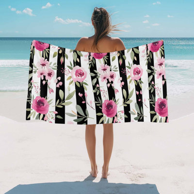 Beach Towel Pink Flowers Bath Pool Towels Floral Leaves Black Stripes Absorbent Beach Towel Soft Large Quick Dry Lightweight Camping Travel Sports Yoga Gym Swim Towels for Adult 32x63 Inch