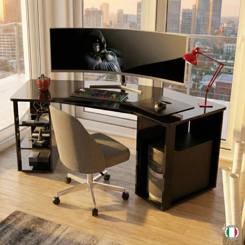 Pippo Computer Desk - High Gloss Black Lacquer - Made In Italy
