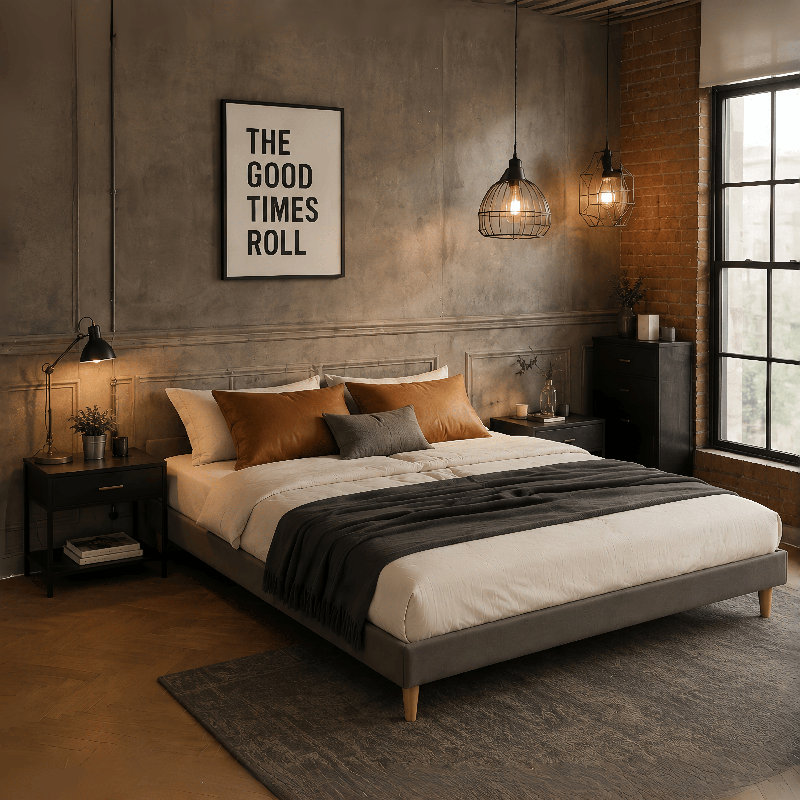 Lit plateforme en tissu d'ameublement, gris, Double