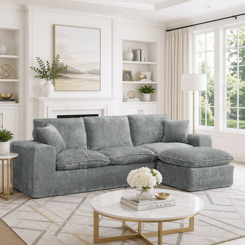 Canapé modulaire moderne avec méridienne réversible Boucle, Bouclé gris