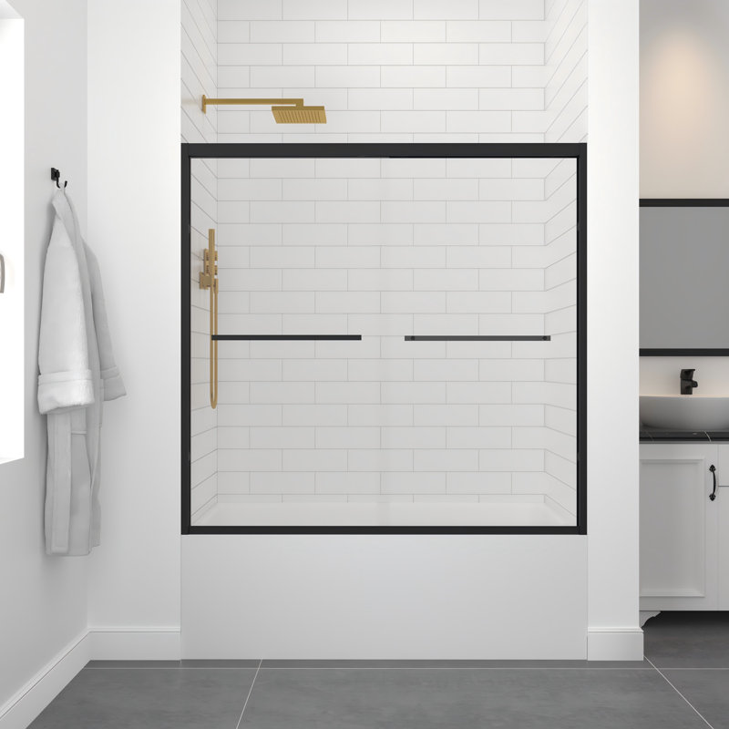 56-60" W x 58" H Aluminum Framed Double Sliding Bath Tub Door with Premium 1/4" (6mm) Clear Tempered Glass, Matte Black
