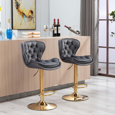 Ensemble de 2 tabourets de bar, avec repose-pieds chromé et base pivotante en velours à hauteur réglable et tabouret de bar simple Golden Leg