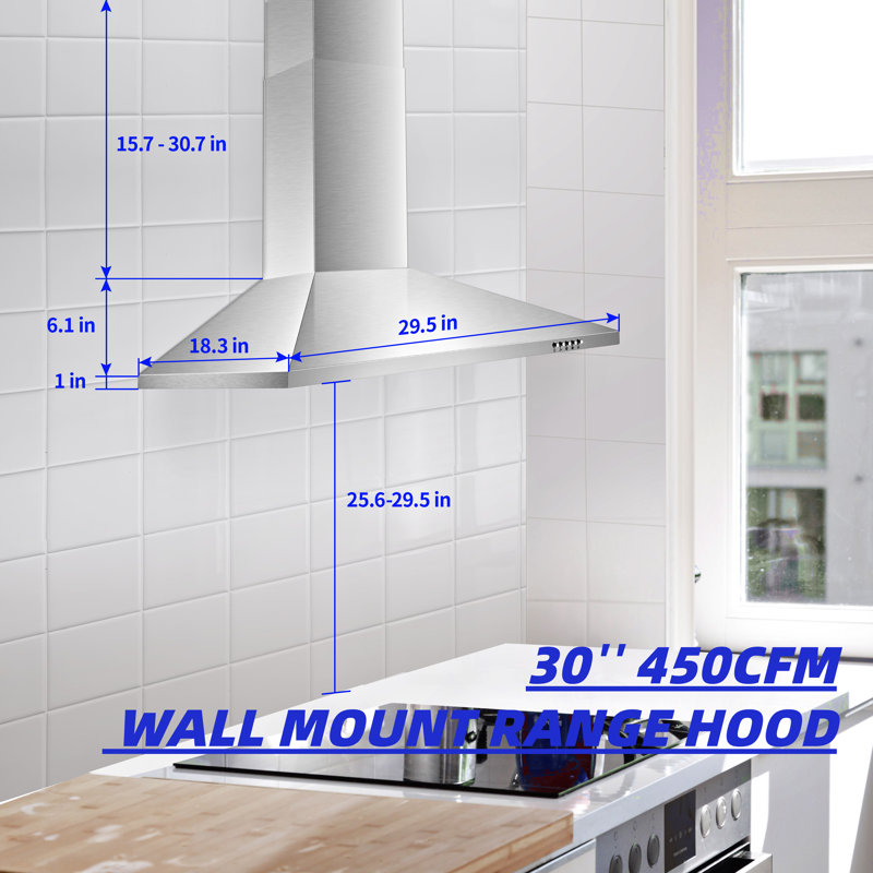 Hotte murale convertible Tieasy 450 pieds cubes par minute avec filtre en maille et lumière inclus, Argent argent, 30"
