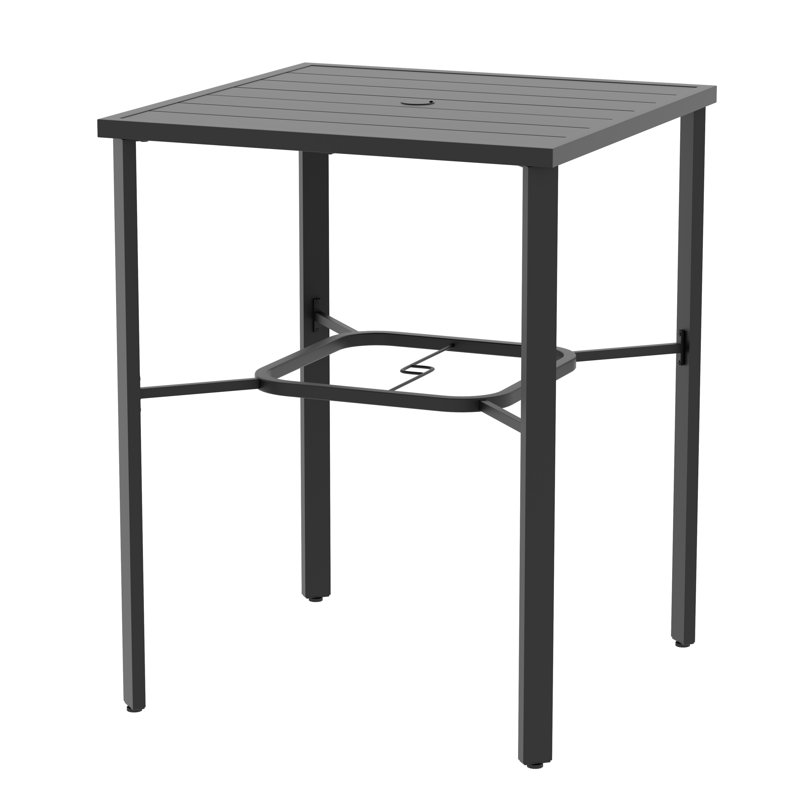 Outdoor 28 Inch Square Bar Table With Slatted Top And 1.7” Umbrella Hole