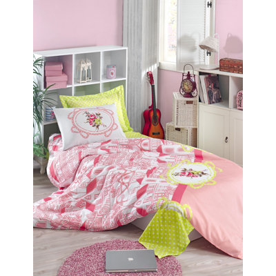 Ensemble de housse de couette simple Premium 100% coton / polyester, housse de couette 61 x 87 et taie d'oreiller 20 x 35 | Élégant design rose, blanc et jaune, lavable à la machine, fermeture à boutons et enveloppes | Solution de literie confortable et élégante