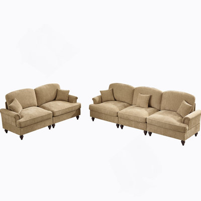 Classic 2 Piece Modular Couch Set With Flared Arms, Removable Ruffles, And Spindle Legs,  For Living Rooms, Light Coffee