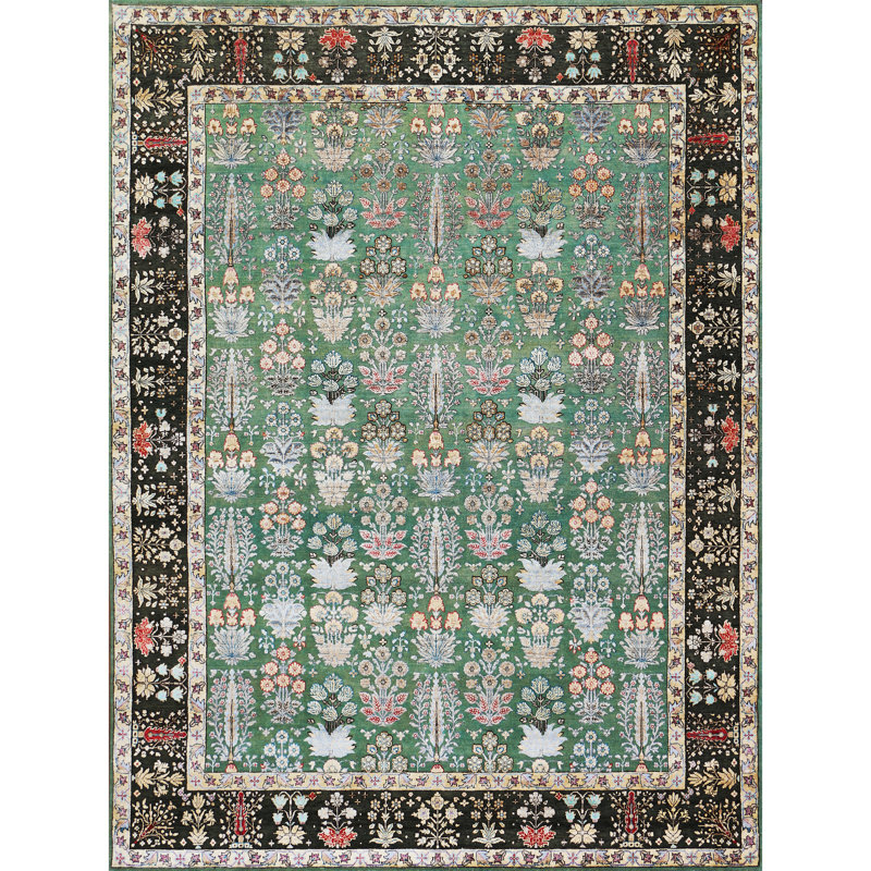 Tapis vert / noir / ivoire noué à la main de haute qualité, Rectangle 9 pi x 12 pi