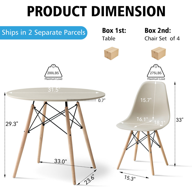 5-Piece Round Dining Table Set for 4, 31.5” Kitchen Table with Chairs, Solid Wood Legs, Plastic Seats, Sand, Beige, Beige