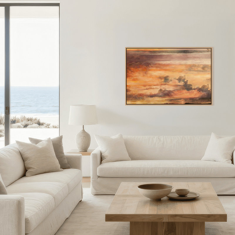 «Nature Inspired Sea and Sky» par Stefanie Bales - Œuvre d'art encadrée, Framed Canvas, H 32 po x l 48 po x P 2,375 po, Beige