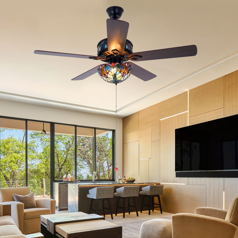 52" Vintage Ceiling Fan With Tiffany Style Stained Glass Shade