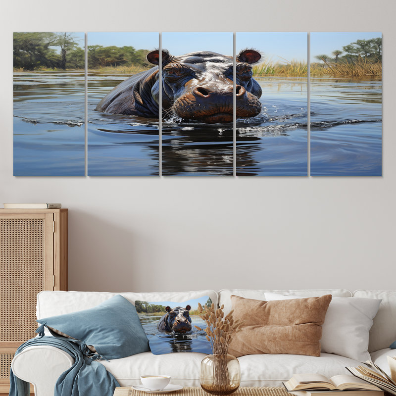 Hippopotame gris, "Rive de rivière II - Hippopotame", art mural 5 pièces, H 28 po x l 60 po