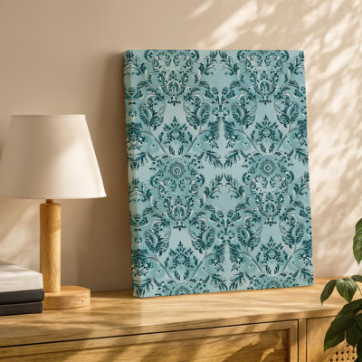 Toile d'un motif sans soudure détaillé avec des motifs floraux complexes et des vignes dans des tons de turquoise variés fixés contre une toile