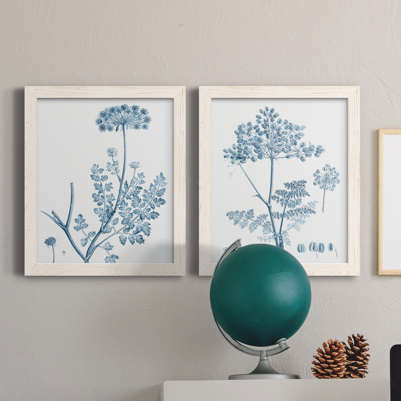 Antique Botanical In Blue V - ensemble de 2 peintures sur toile encadrées, Toile blanche encadrée