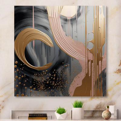 Abstract Pink And Gold Liquid Ink Circles III - Abstract Shapes Metal Wall Art