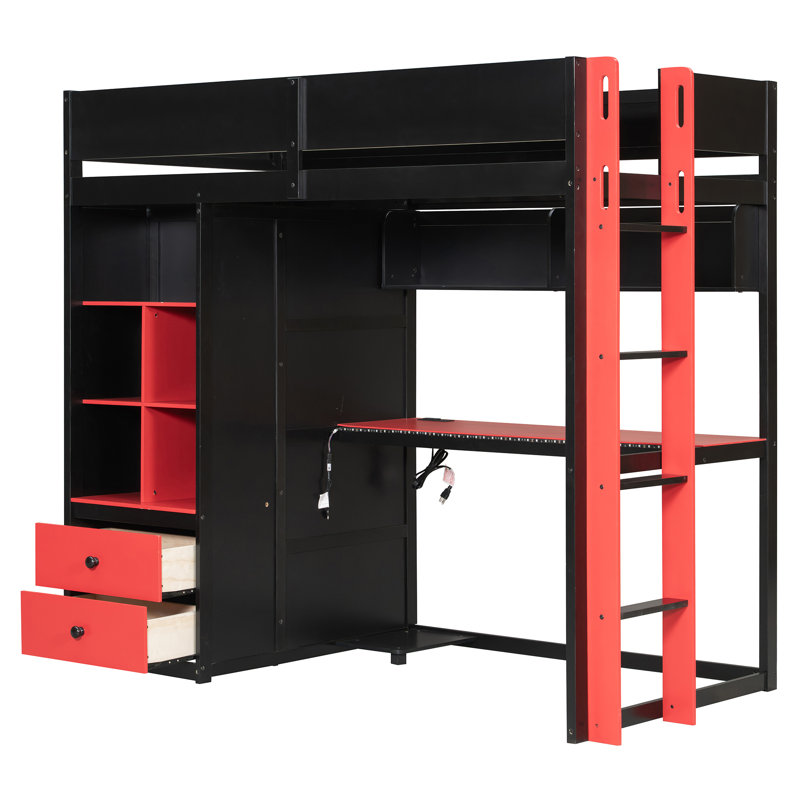 Lit mezzanine simple en bois massif avec bureau, armoire, meuble de rangement, éclairage DEL contrôlé par application et ports USB, noir et rouge